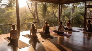 A group of women practicing yoga in a serene, open-air studio surrounded by lush greenery in Nosara, Guanacaste, Costa Rica. The women are sitting in various yoga poses on individual mats, facing a large window overlooking a tropical landscape. The warm sunlight streams through the window, casting a golden glow on the wooden floor and the women's bodies. Palm trees and other tropical foliage can be seen outside the window, creating a peaceful and relaxing atmosphere.